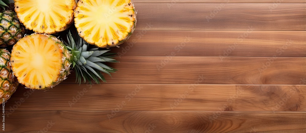 Poster pineapple fruit and slices on black plate on isolated pastel background copy space en table