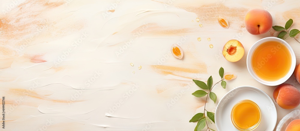 Poster on the table there is a white plate with fresh cheese seeds and a tasty apricot jam isolated pastel 