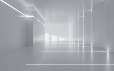 Abstract indoor building with neon light, 3d rendering.