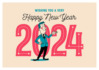 Vintage Style New Year Greetings Card - Wishing You a Very Happy New Year 2024 - Vector EPS10 Illustration.