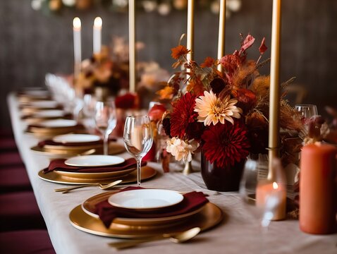 Beautiful fall table setting, autumn dinner table decoration with flowers and candles, holiday event decor in orange and yellow colors