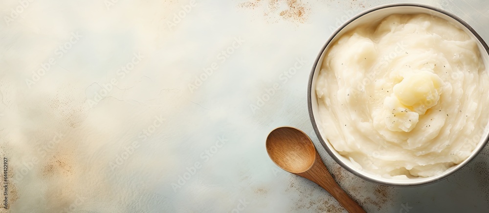 Poster potatoes mashed in large pot with spoon isolated pastel background copy space