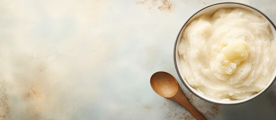 Potatoes mashed in large pot with spoon isolated pastel background Copy space - obrazy, fototapety, plakaty