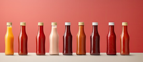 Various ketchup bottles on isolated pastel background Copy space