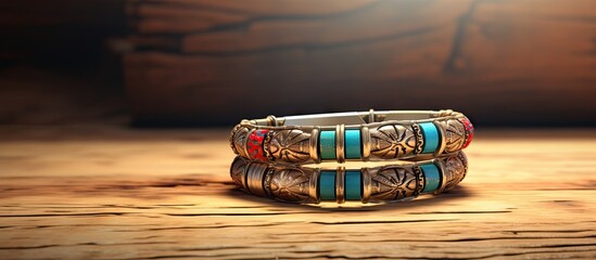 Native American bracelet displayed on a isolated pastel background Copy space in an urban tribal style