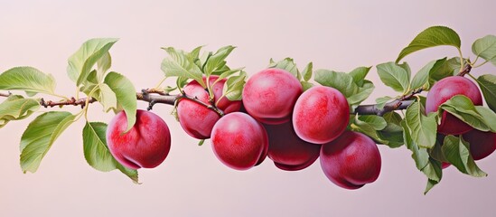 Red plum with leaves on a isolated pastel background Copy space