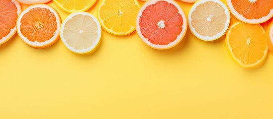 Sliced citrus fruits layered on a isolated pastel background Copy space