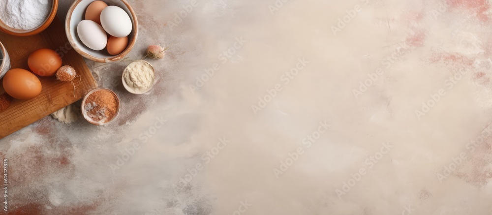 Poster Table set for baking with space for text viewed from above isolated pastel background Copy space