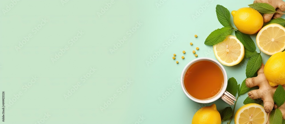 Poster Top down view of ginger tea with lemon honey mint leaf against isolated pastel background Copy space with space for text