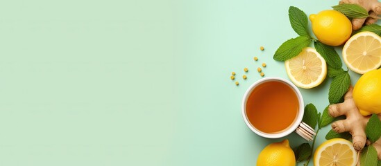 Top down view of ginger tea with lemon honey mint leaf against isolated pastel background Copy space with space for text