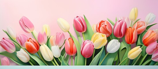 Vibrant tulips isolated pastel background Copy space