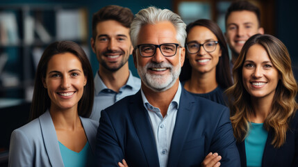 Obraz premium Portrait of happy business team looking at camera and smiling in office.