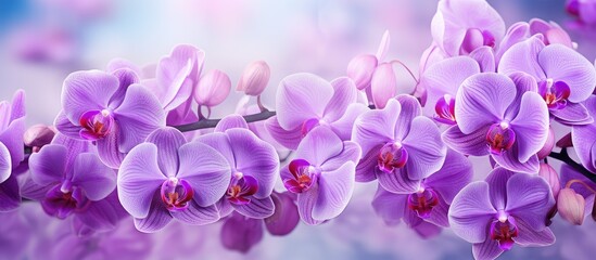 Fototapeta na wymiar Orchids Farm with Vanda Orchids in full bloom isolated pastel background Copy space