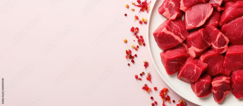 Poster raw beef fillet slices with garlic and red peppers on a black dish isolated pastel background copy s