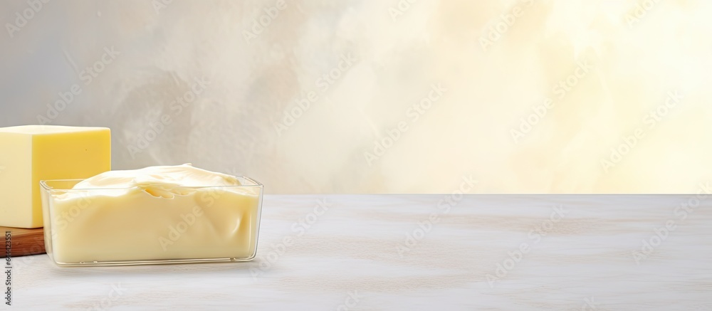 Aufkleber selective focus on a white marble table with butter isolated pastel background copy space