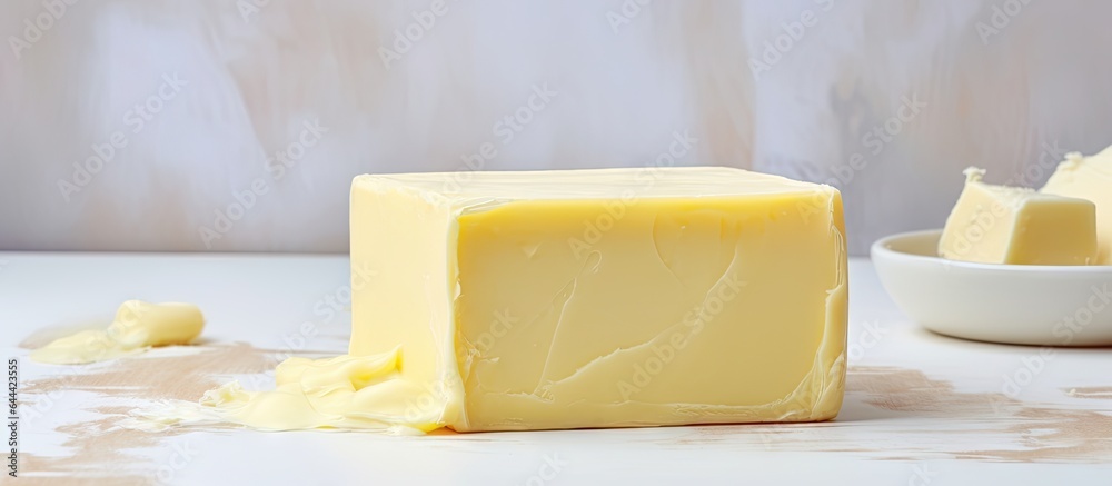 Poster selective focus on a white marble table with butter isolated pastel background copy space