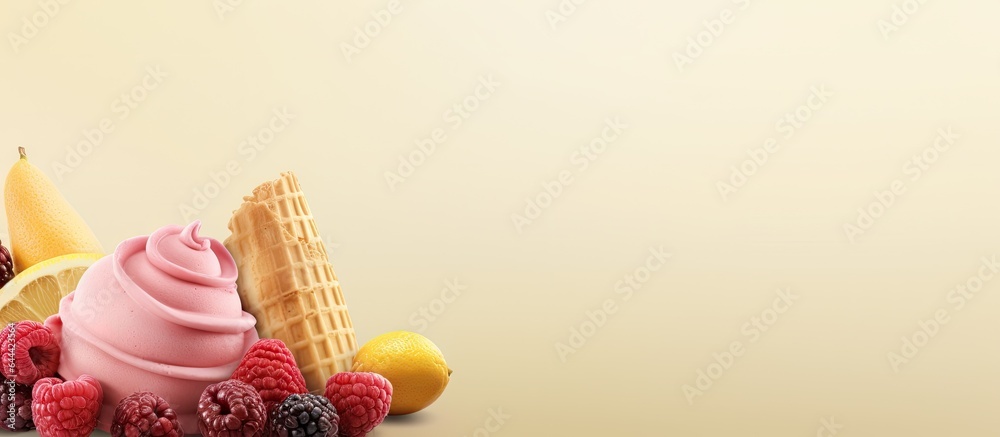 Aufkleber sweet food with lemon and cranberry on isolated pastel background copy space is ice cream in cones