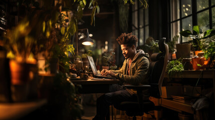 African american freelancer working on laptop at night in green house.