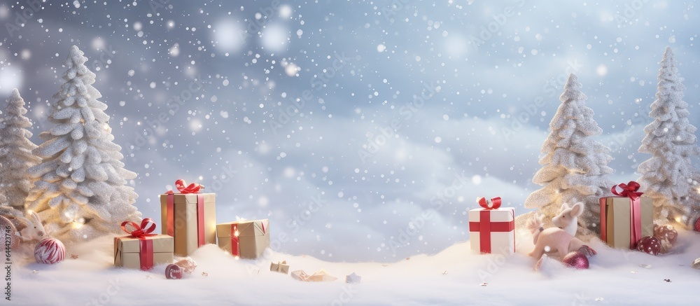Poster Multiple Christmas objects on dark snow with numerous small glowing lights in the distance isolated pastel background Copy space