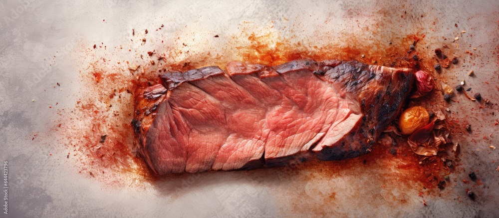 Poster uncooked beef point on isolated pastel background copy space