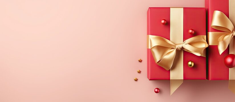 Red gift box with golden ribbon against isolated pastel background Copy space