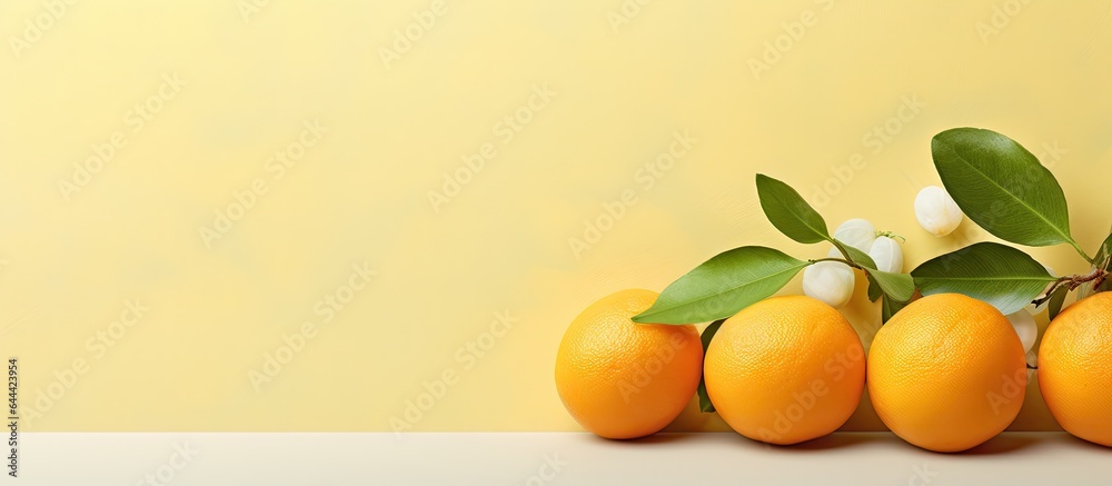 Poster three whole kumquat and one sliced on a isolated pastel background copy space seen from the front