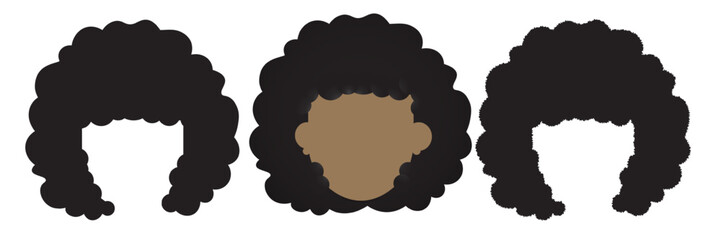 Set of Afro Hair isolated on white background. Afro Wig silhouettes with and without face. Frame of afro hair. Vector. 