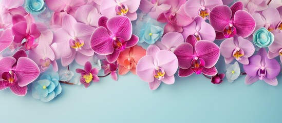 Fototapeta na wymiar Vibrant diverse orchids isolated pastel background Copy space
