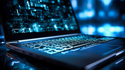 Laptop keyboard illuminated in dark - obrazy, fototapety, plakaty