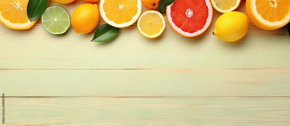 Poster various types of citrus fruits like lemon orange tangerine and lime along with a banana are arranged