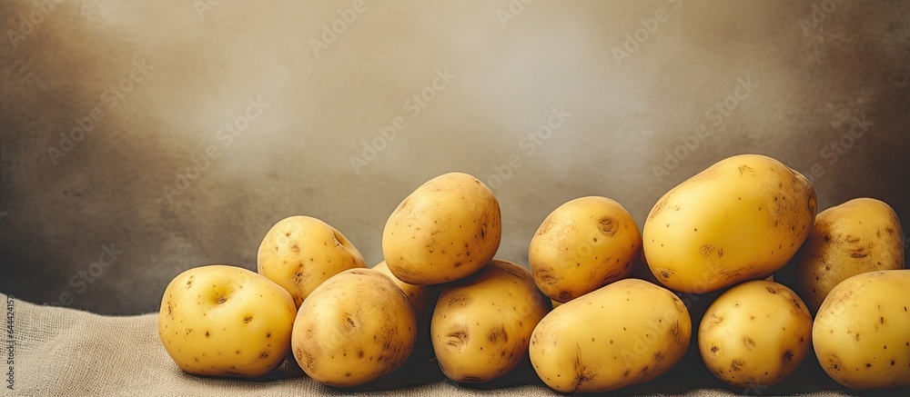 Poster Yellow potatoes with a shape are sorted on a isolated pastel background Copy space