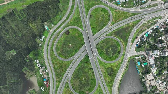 Aerial hyperlapse of Bhanga four circle, a complex road intersection in Faridpur, Bangladesh.