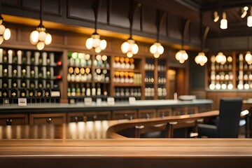 Obraz premium Empty wooden round table and pub or bar blur background with bokeh light