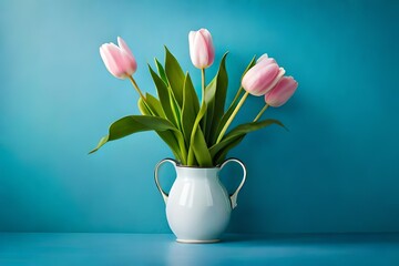 pink tulips in a white vase with blue background © Sameena