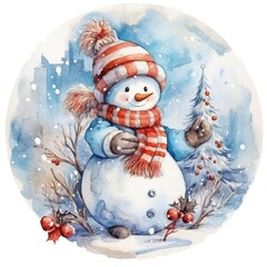 Obraz premium Watercolour Snowman, in the style of acidic and luminous colors on Christmas Background