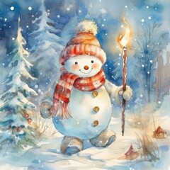 Watercolour Snowman, in the style of acidic and luminous colors on Christmas Background