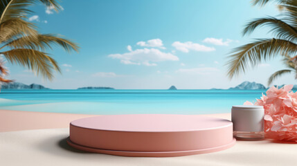 Fototapeta premium Product Display On A Blue Podium In A Summer Beach Themed 3d Render Background