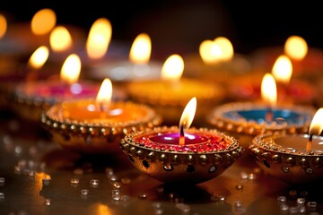 Obraz na płótnie Canvas Happy Diwali Hindu festival colorful traditional oil Diya lamps lit during Deepavali Hindu festival of lights celebration