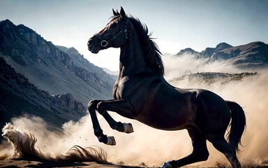 Majestic mustang horse in the dust ai generated - obrazy, fototapety, plakaty
