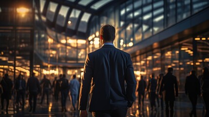 Fototapeta premium man and person walking on a bridge at sunset. businessperson walking on street with defocused effect. lifgt and bokeh business.