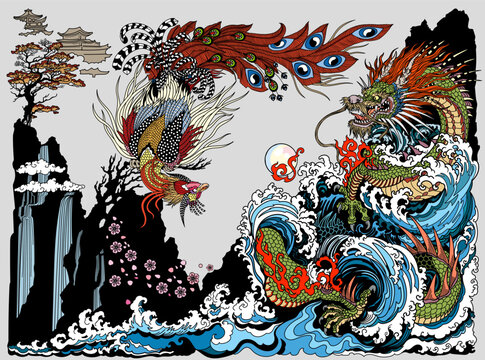 Dragon and Feng Huang or Chinese phoenix are depicted playing with or chasing a pearl. Landscape with waterfall waves and sakura blossom. Feng shui theme. Vertical orientation. Vector illustration