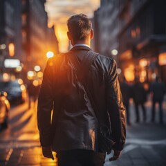 Fototapeta premium man walking in the city at night. businessperson walking on street with defocused effect. lifgt and bokeh business.