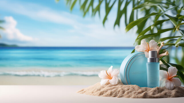 Product Display On A Blue Podium In A Summer Beach Themed 3d Render Background