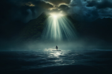 Surfer in the ocean at night