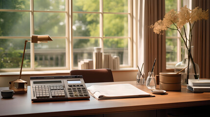 Sleek Calculator and Documents: Serene Office Ambiance - Generative Art
