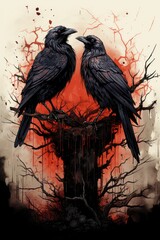Crow Eerie Beauty of Gothic Art Simplistic Black and White Drawing Featuring Enigmatic Crows