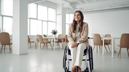 Fototapeta na wymiar A joyful plus-size woman in a wheelchair smiles at work in the office. Generative AI