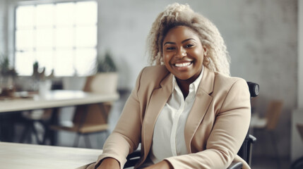 A happy afro plus-size woman in a wheelchair at the office with colleagues. Generative AI