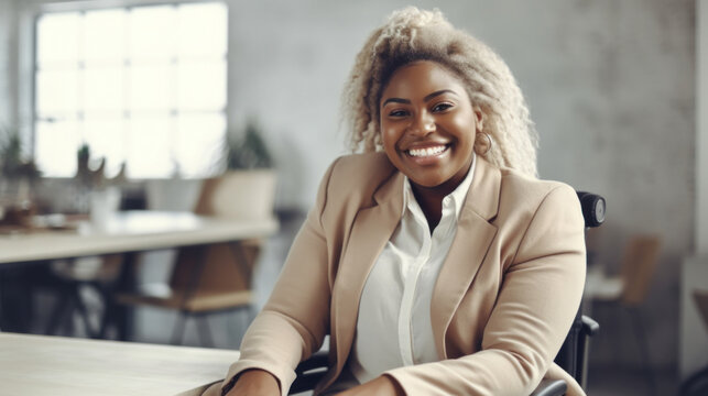 A happy afro plus-size woman in a wheelchair at the office with colleagues. Generative AI