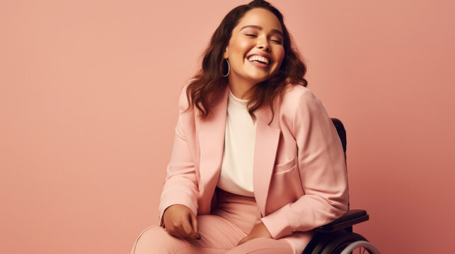 A joyful plus-size woman in a wheelchair smiles against pibk bavkground. Generative AI